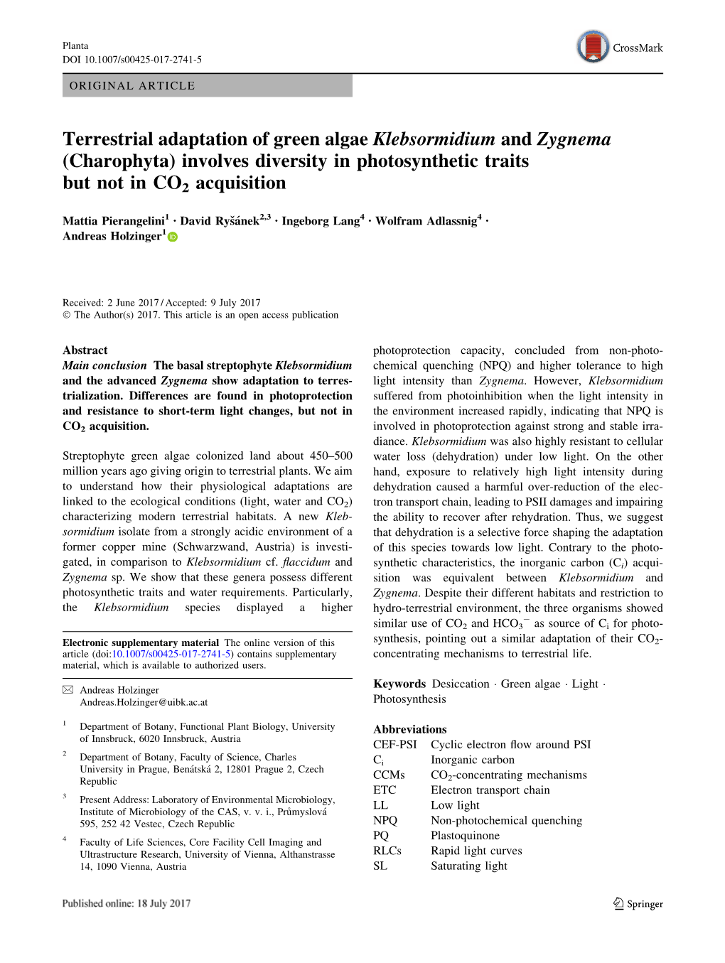 Terrestrial Adaptation of Green Algae Klebsormidium and Zygnema (Charophyta) Involves Diversity in Photosynthetic Traits but Not in CO2 Acquisition