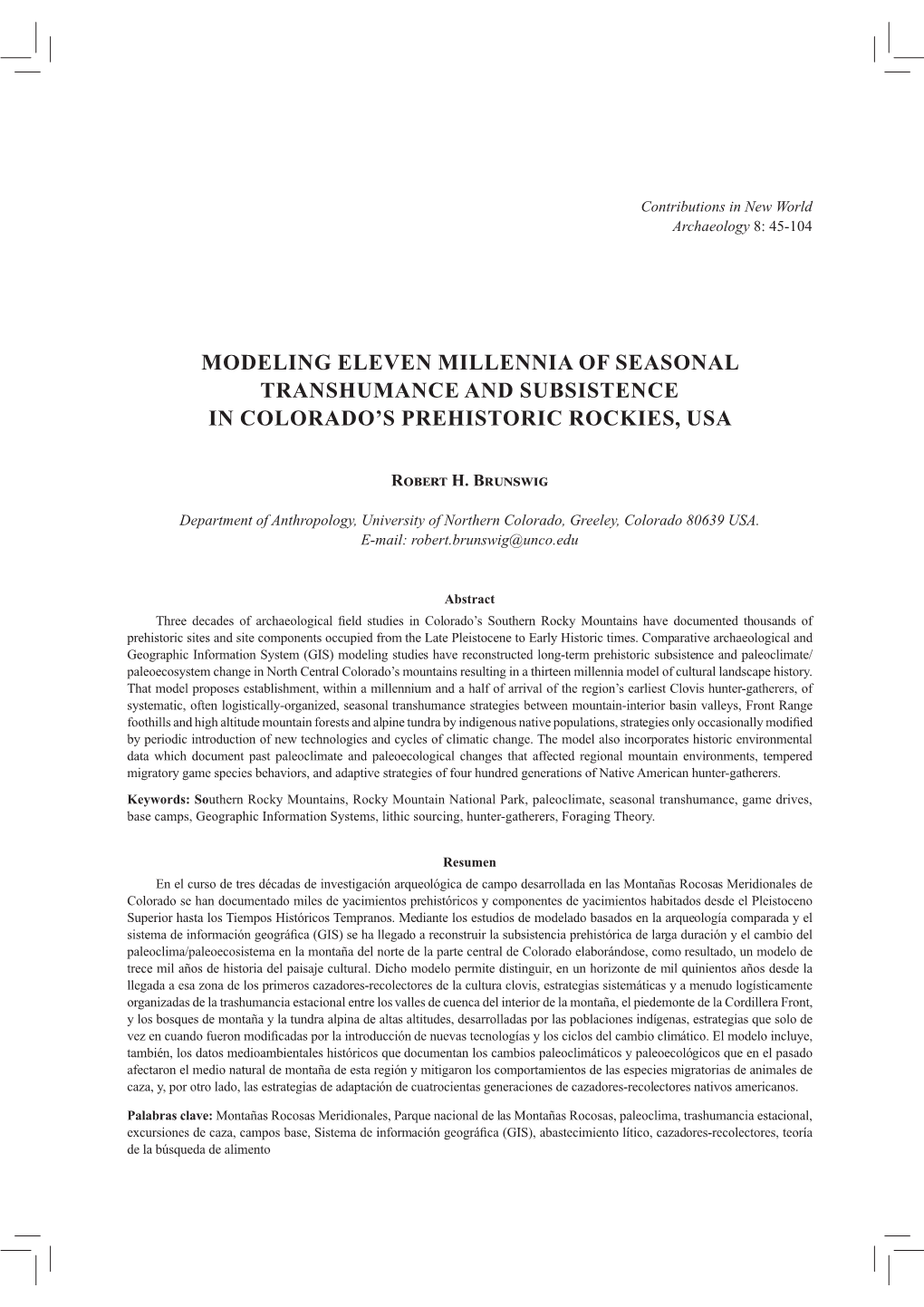 Modeling Eleven Millennia of Seasonal Transhumance and Subsistence in Colorado's Prehistoric Rockies