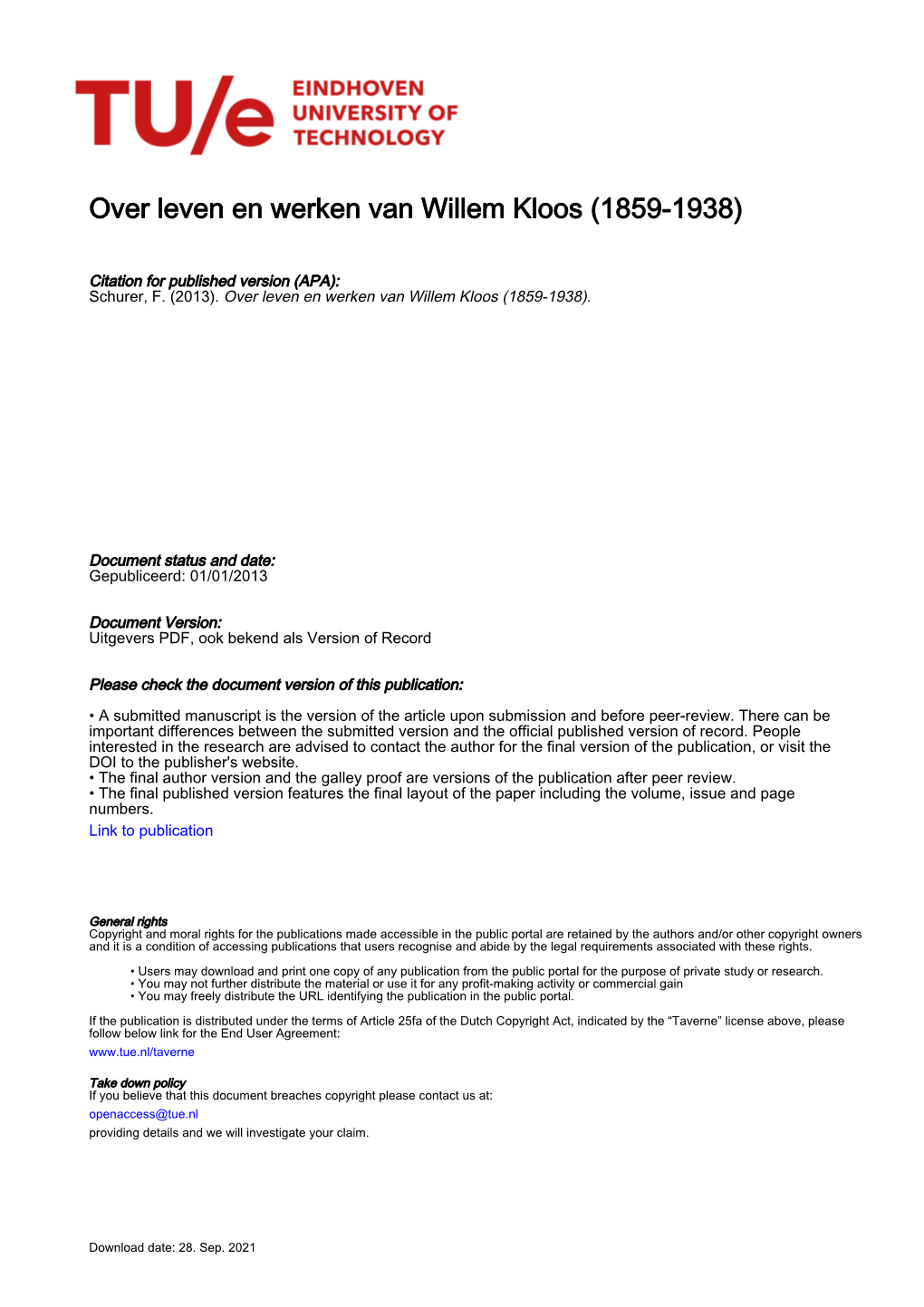Over Leven En Werken Van Willem Kloos (1859-1938)