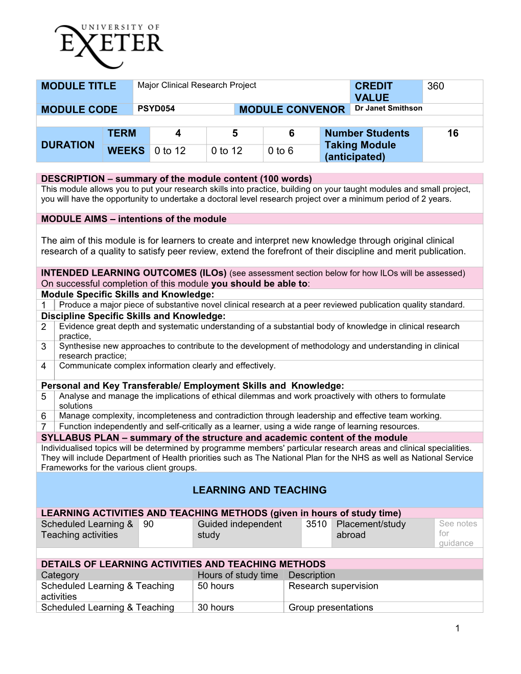 MODULE TITLE / Major Clinical Research Project / CREDIT VALUE / 360 MODULE CODE / PSYD054