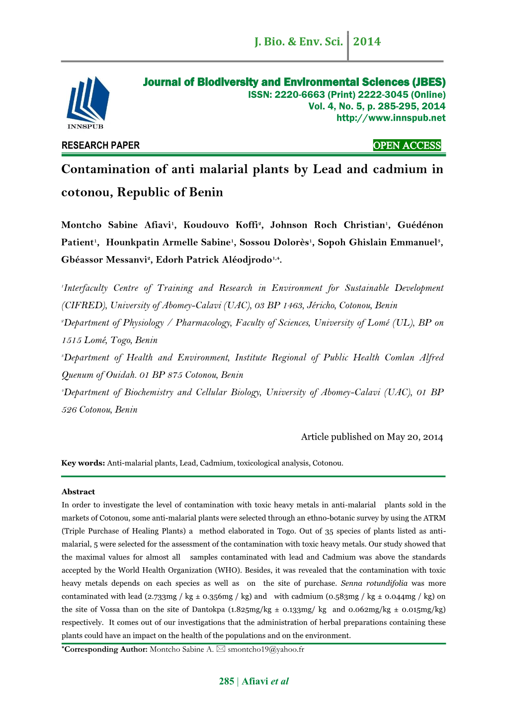 Contamination of Anti Malarial Plants by Lead and Cadmium in Cotonou, Republic of Benin