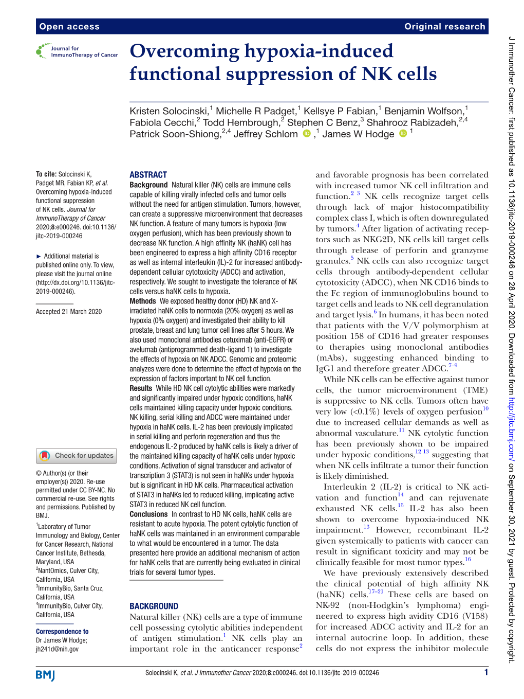 Overcoming Hypoxia-Induced Functional Suppression of NK Cells