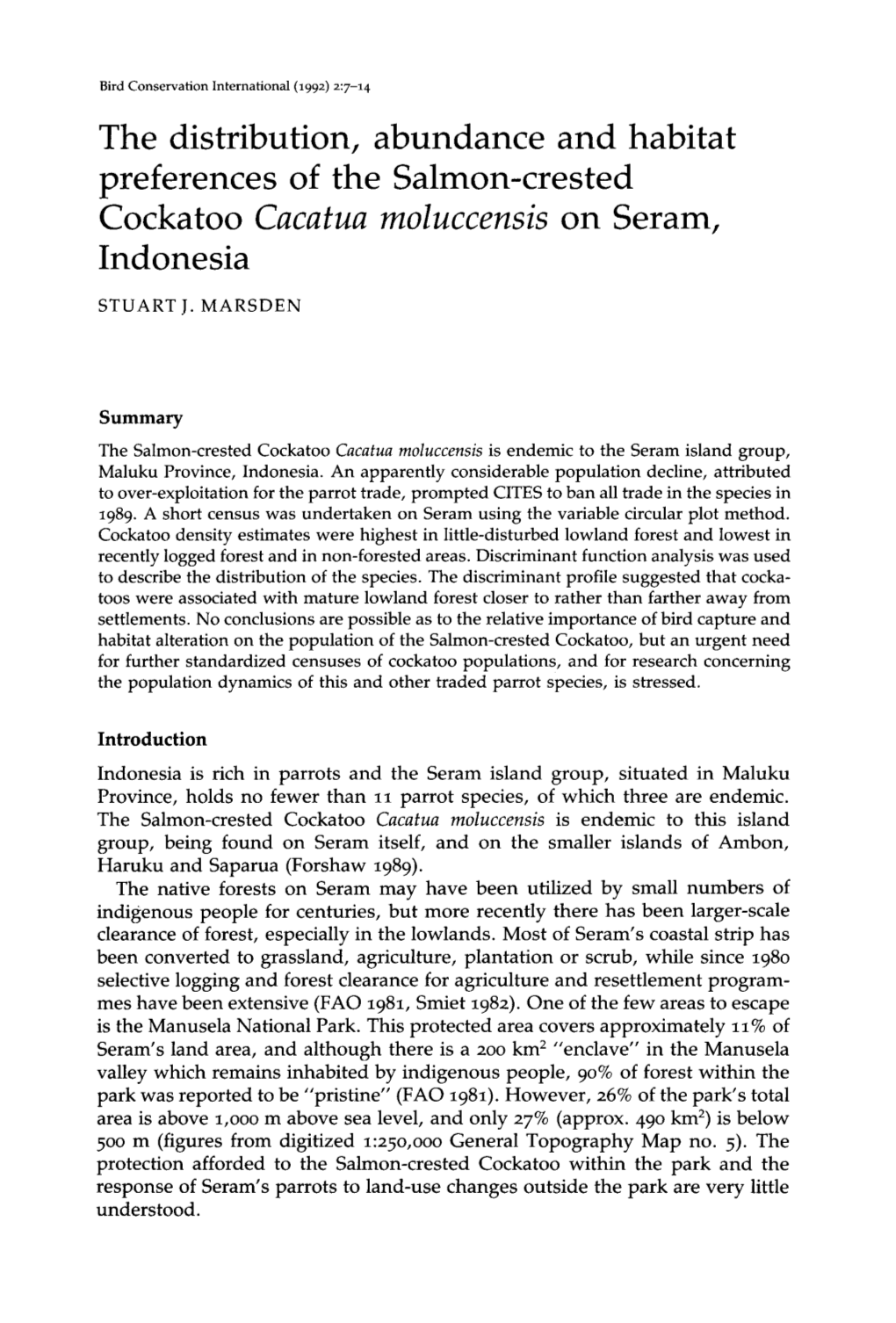 The Distribution, Abundance and Habitat Preferences of the Salmon-Crested Cockatoo Cacatua Moluccensis on Seram, Indonesia