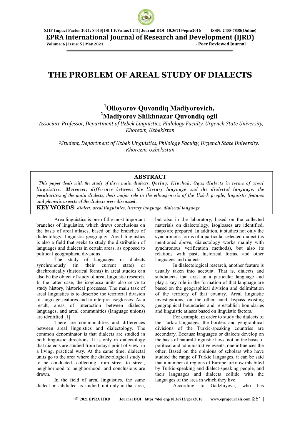 The Problem of Areal Study of Dialects