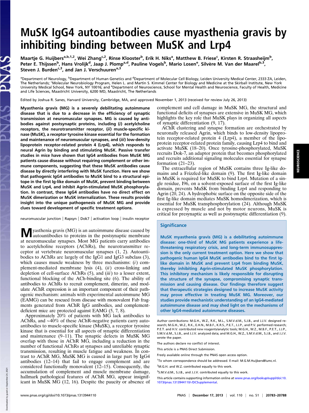 Musk Igg4 Autoantibodies Cause Myasthenia Gravis by Inhibiting Binding Between Musk and Lrp4