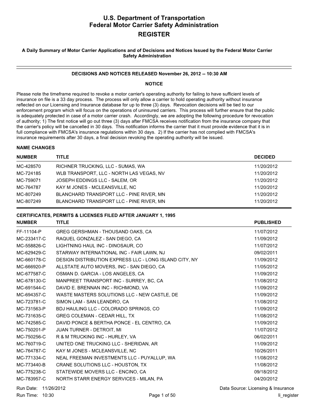 U.S. Department of Transportation Federal Motor Carrier Safety Administration REGISTER