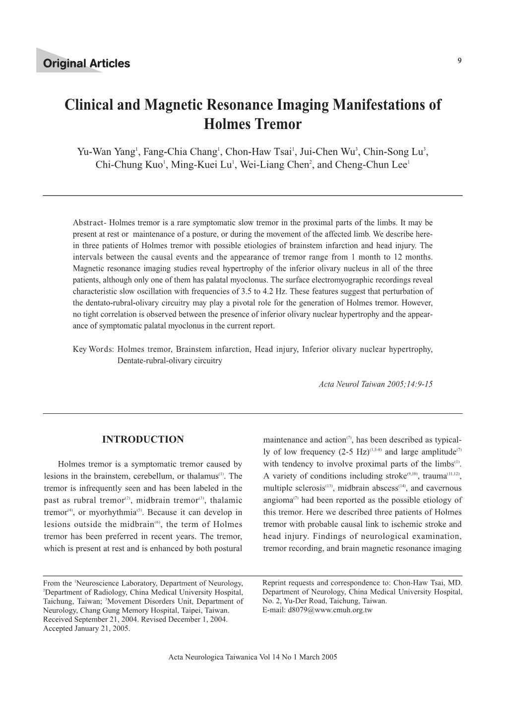 Clinical and Magnetic Resonance Imaging Manifestations of Holmes Tremor