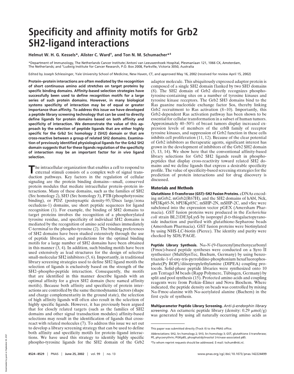 Specificity and Affinity Motifs for Grb2 SH2-Ligand Interactions