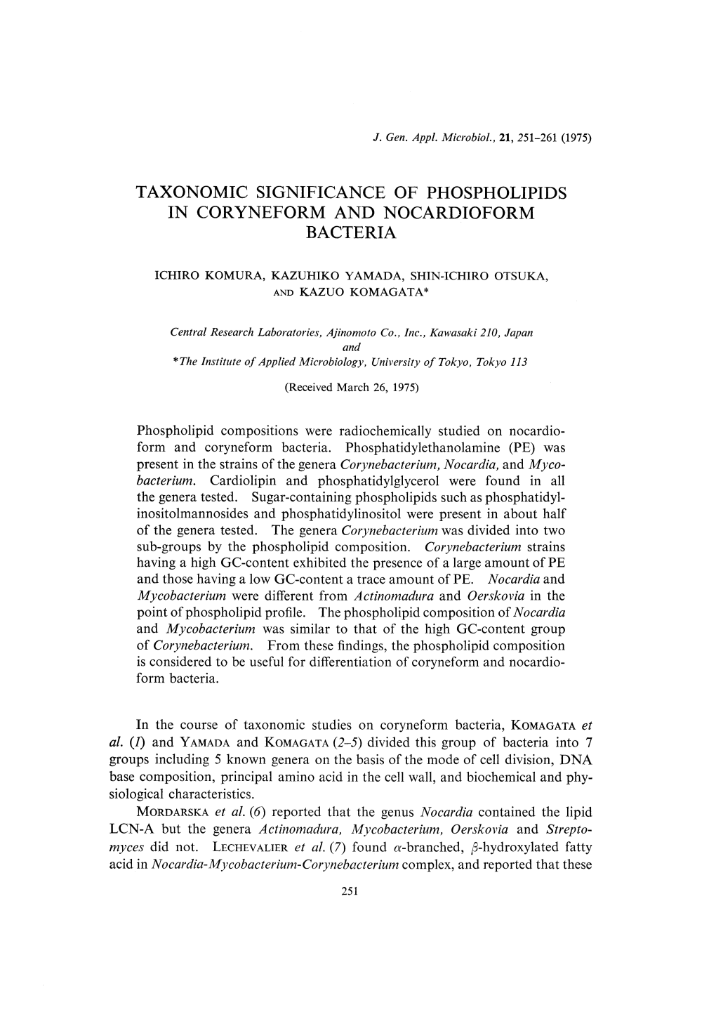 Taxonomic Significance of Phospholipids in Coryneform and Nocardioform Bacteria