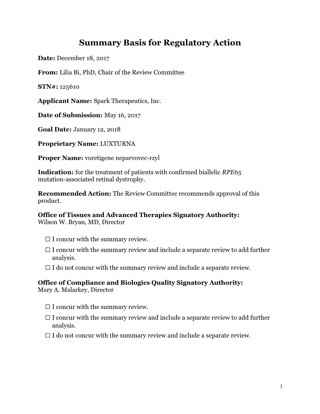 December 18, 2017 Summary Basis for Regulator Action