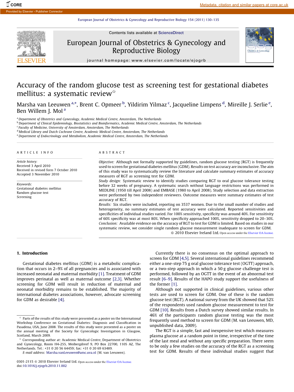 Accuracy of the Random Glucose Test As Screening Test for Gestational Diabetes Mellitus: a Systematic Review§ Marsha Van Leeuwen A,*, Brent C