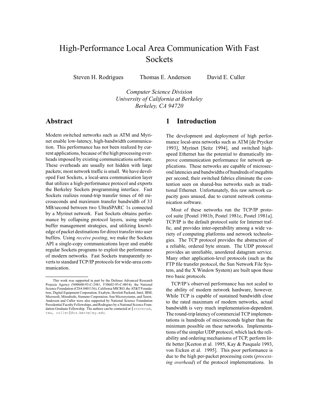 High-Performance Local Area Communication with Fast Sockets