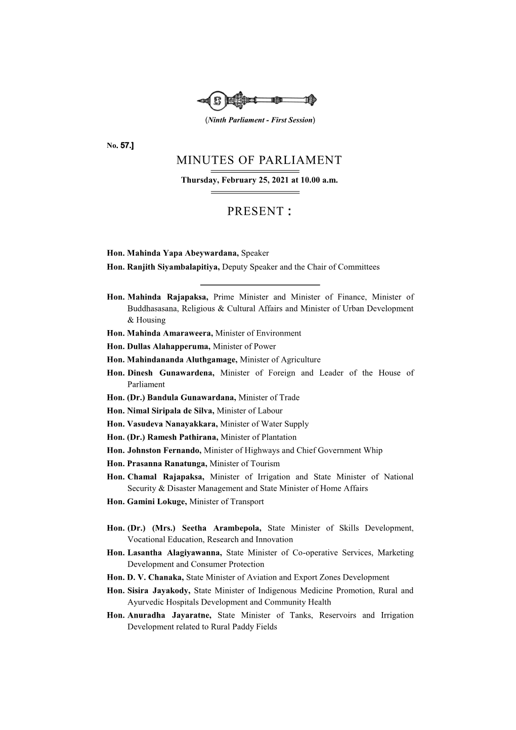 Minutes of Parliament for 25.02.2021