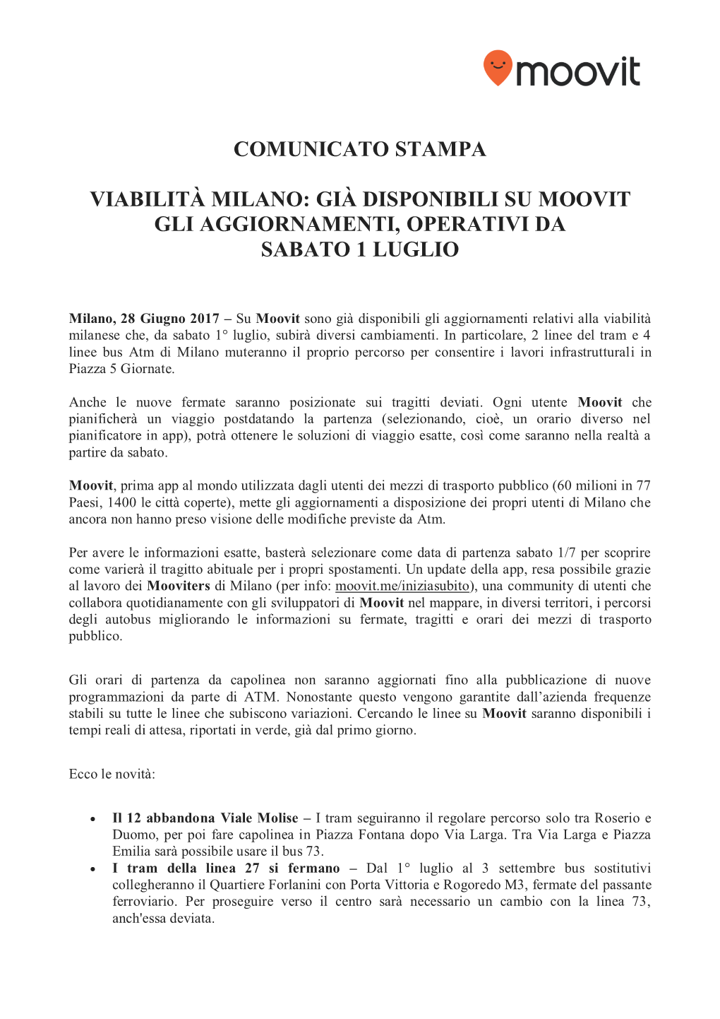 Comunicato Stampa Viabilità Milano: Già Disponibili Su Moovit Gli Aggiornamenti, Operativi Da Sabato 1 Luglio