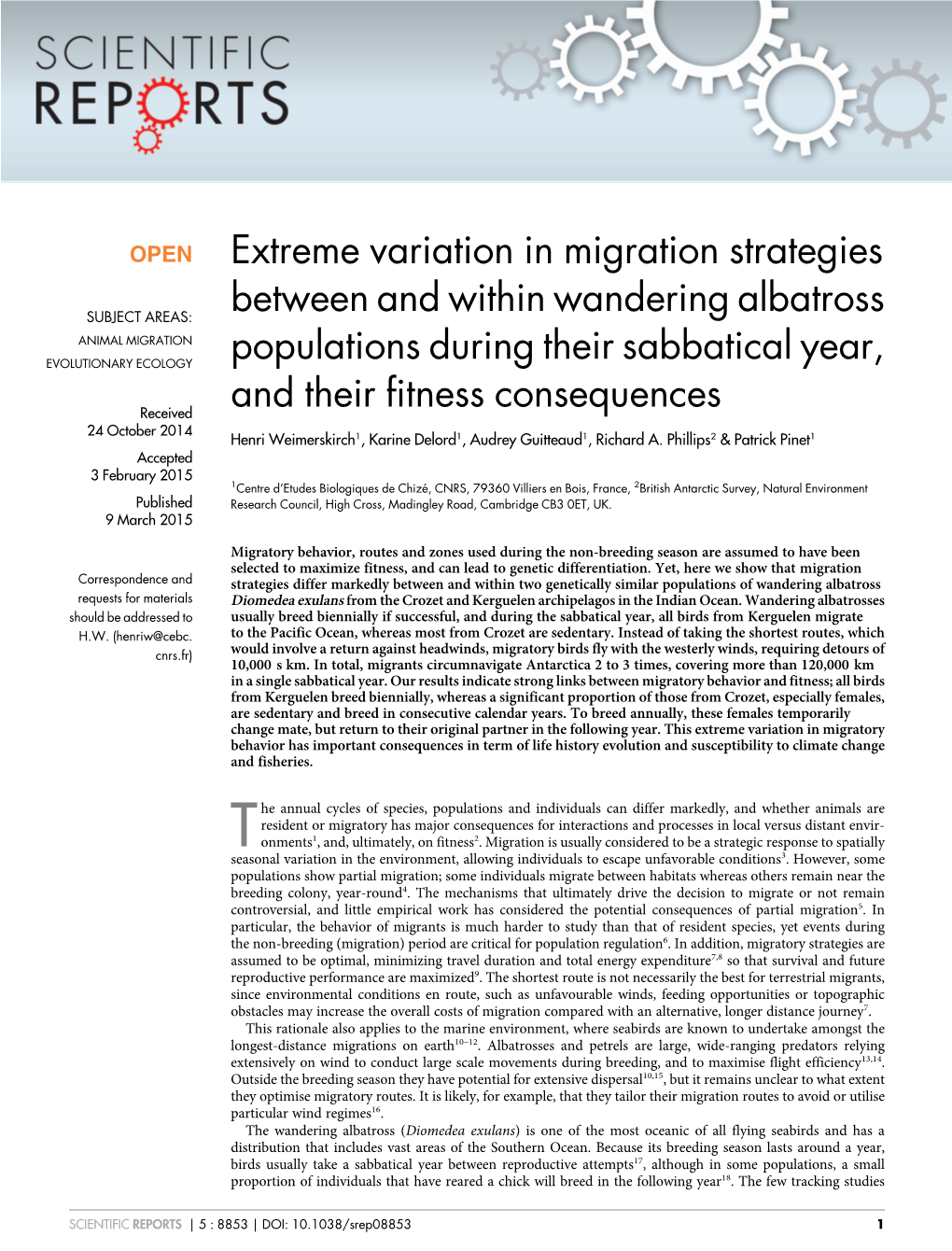 Extreme Variation in Migration Strategies Between and Within Wandering Albatross Populations During Their Sabbatical Year, and Their Fitness Consequences