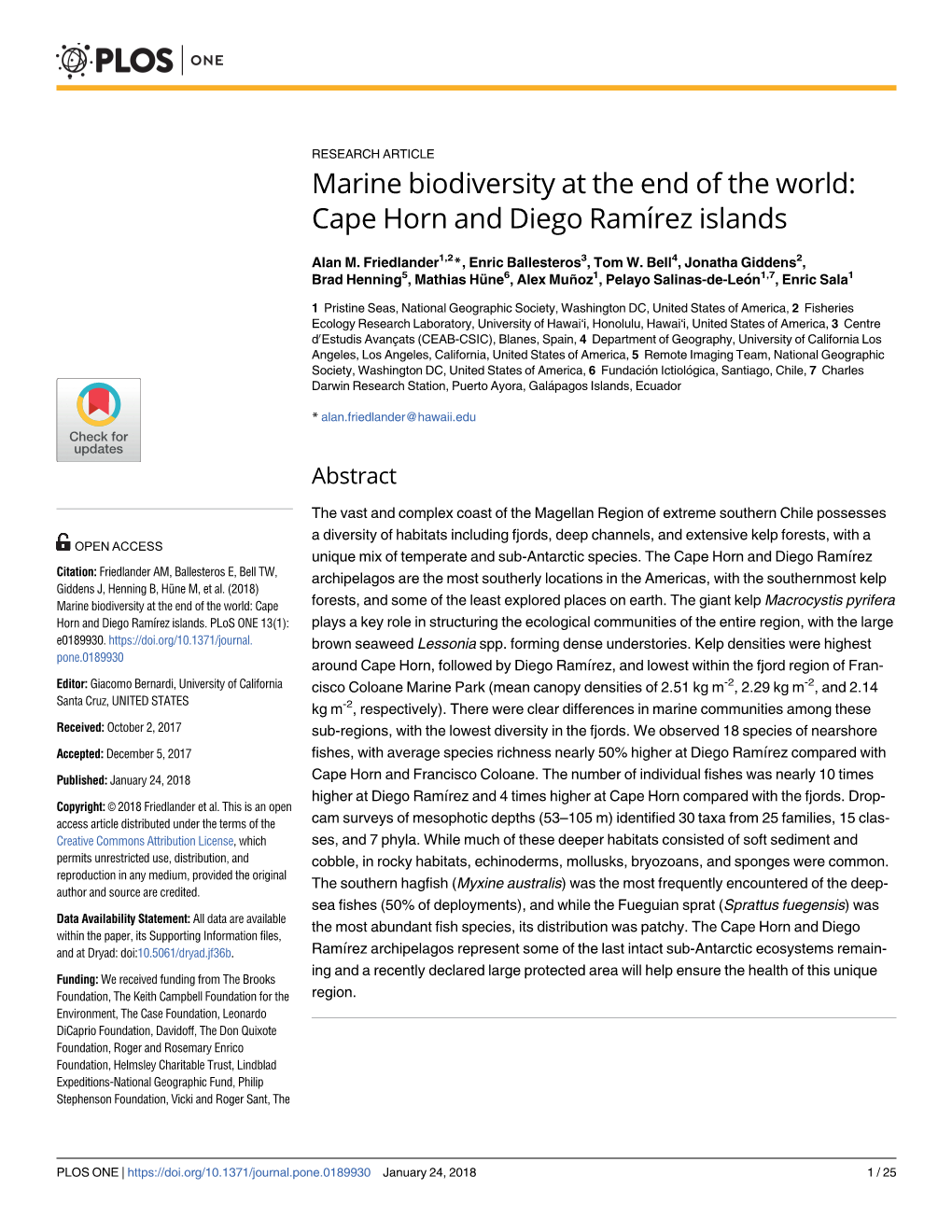 Marine Biodiversity at the End of the World: Cape Horn and Diego Ram# #X00ed;Rez Islands