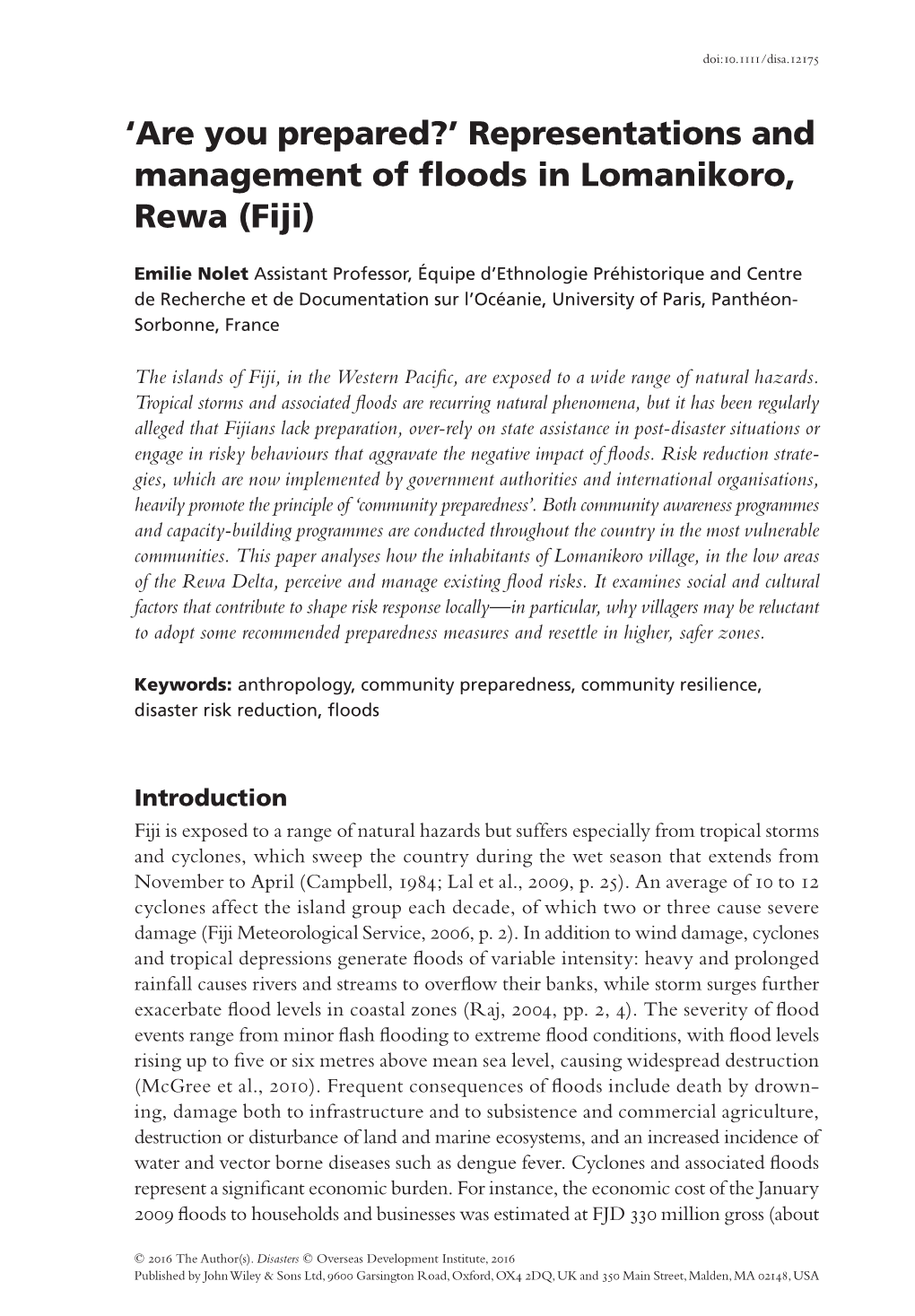 &#X02018;Are You Prepared&#X0003f;&#X02019; Representations and Management of Floods in Lomanikoro, Rewa (Fiji)