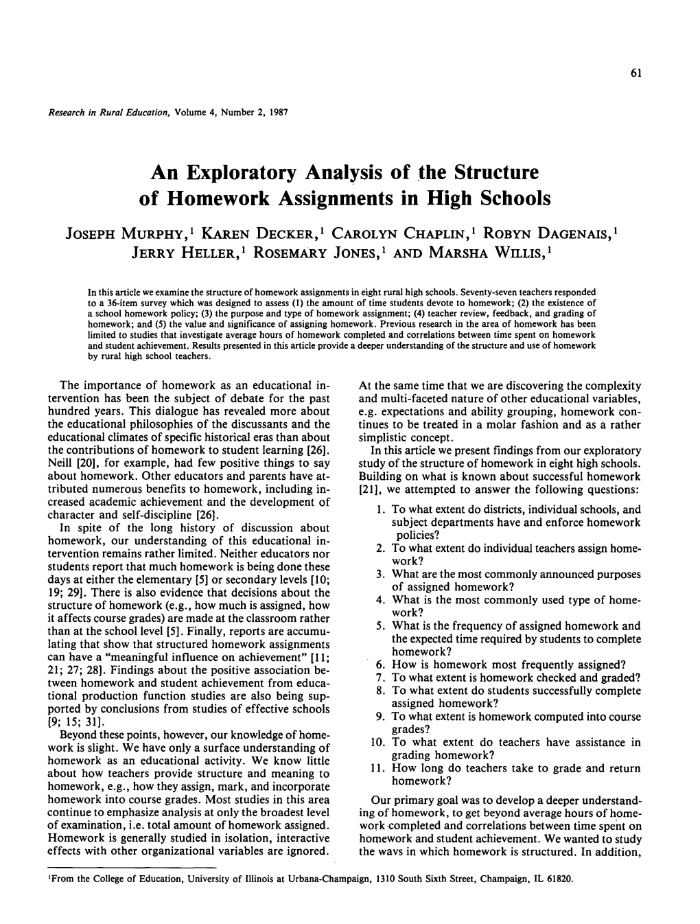 An Exploratory Analysis of the Structure of Homework Assignments in High Schools