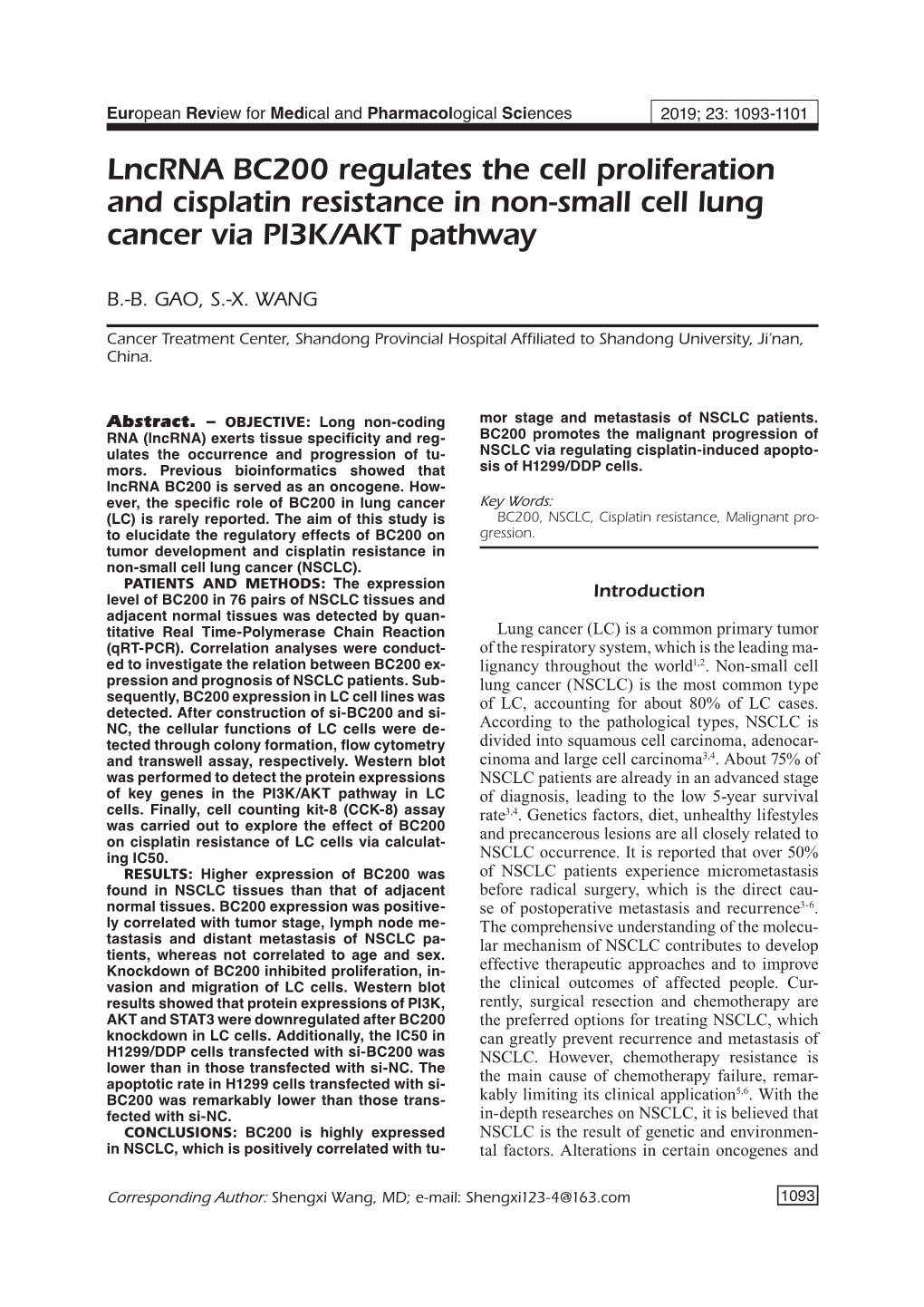 Lncrna BC200 Regulates the Cell Proliferation and Cisplatin Resistance in Non-Small Cell Lung Cancer Via PI3K/AKT Pathway
