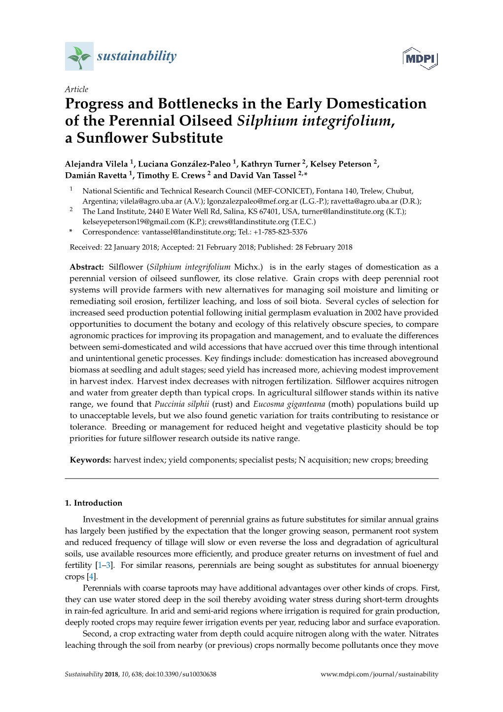 Progress and Bottlenecks in the Early Domestication of the Perennial Oilseed Silphium Integrifolium, a Sunﬂower Substitute