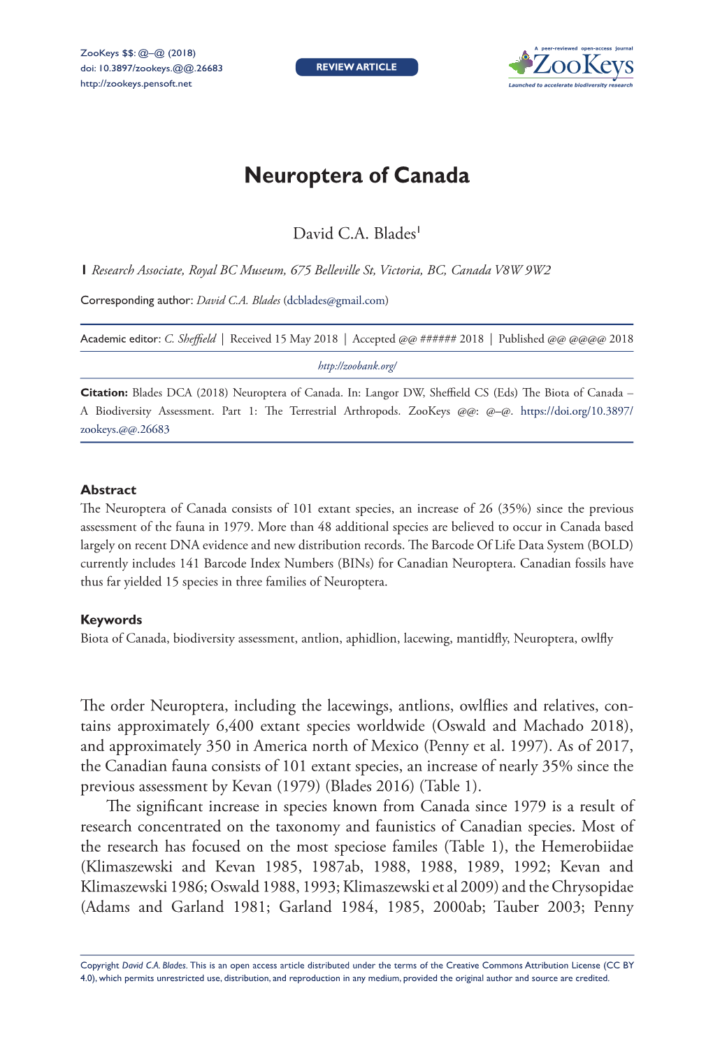 Neuroptera of Canada 1 Doi: 10.3897/Zookeys.@@.26683 Review Article Launched to Accelerate Biodiversity Research