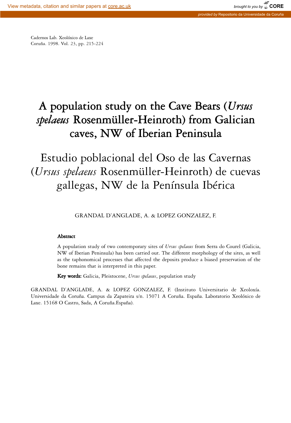 A Population Study on the Cave Bears (Ursus Spelaeus Rosenmüller-Heinroth) from Galician Caves, NW of Iberian Peninsula