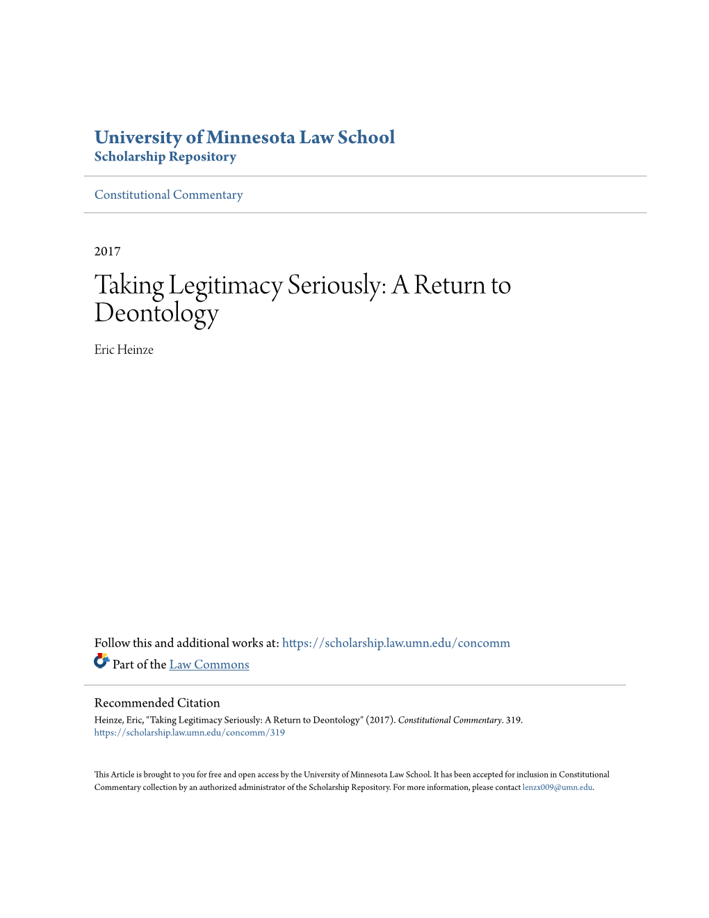 Taking Legitimacy Seriously: a Return to Deontology Eric Heinze