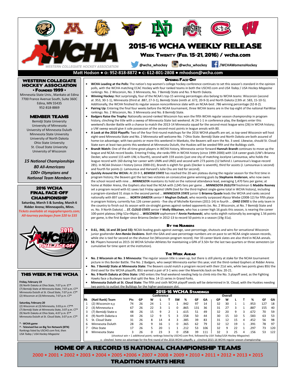 2015-16 WCHA WEEKLY RELEASE Week Twenty (Feb