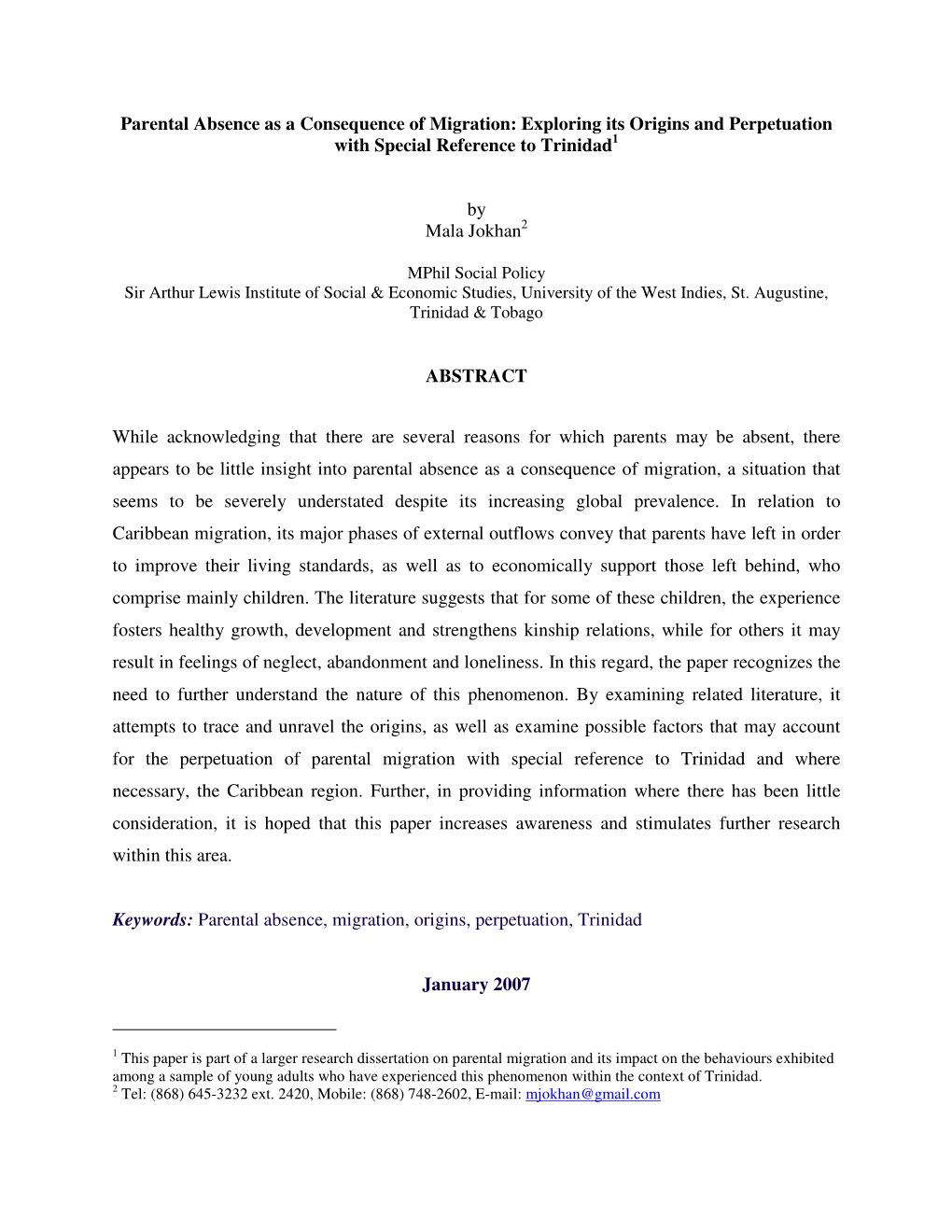 Parental Absence As a Consequence of Migration: Exploring Its Origins and Perpetuation with Special Reference to Trinidad 1