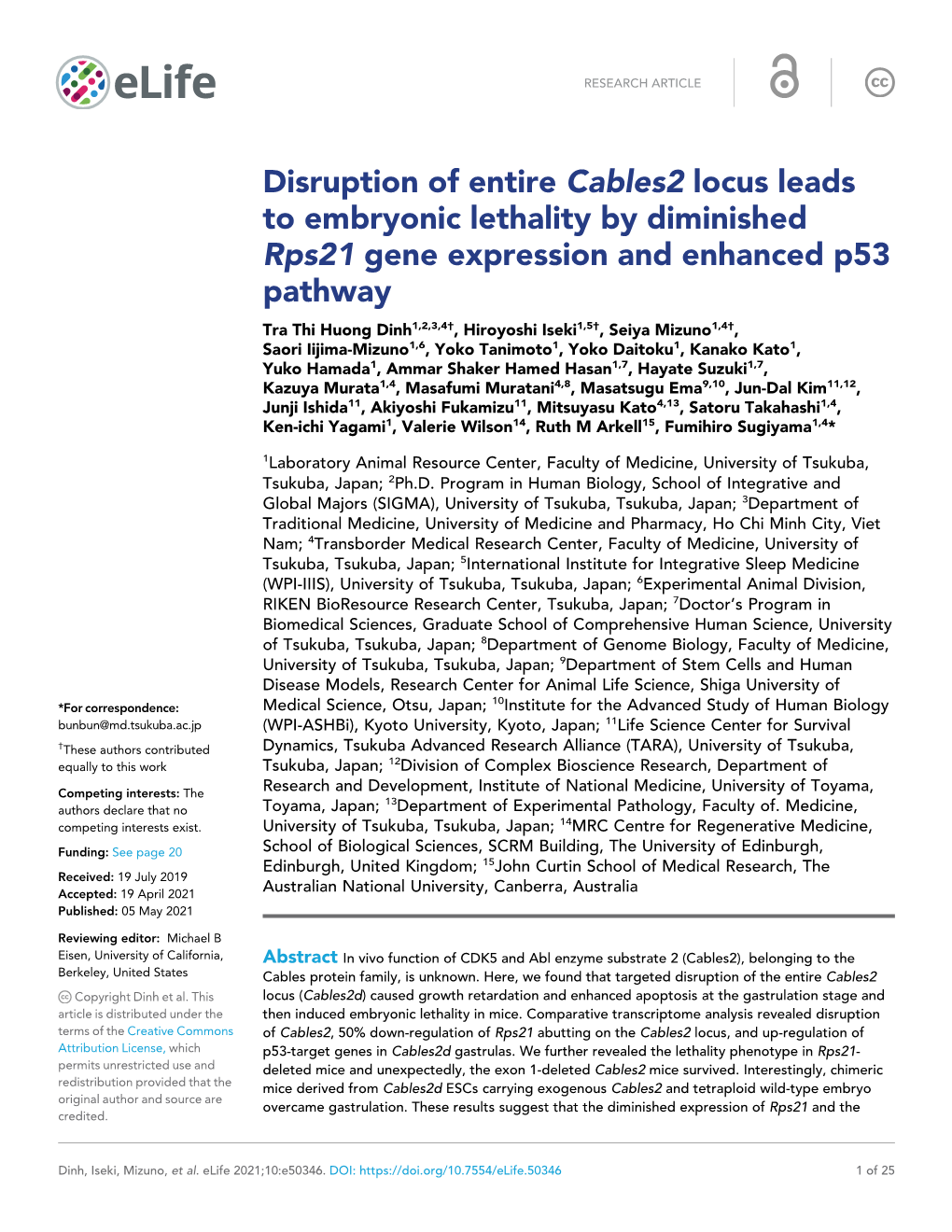 Disruption of Entire Cables2 Locus Leads to Embryonic Lethality By