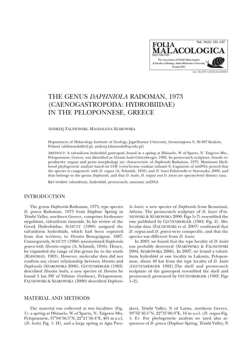 The Genus Daphniola Radoman, 1973 (Caenogastropoda: Hydrobiidae) in the Peloponnese, Greece