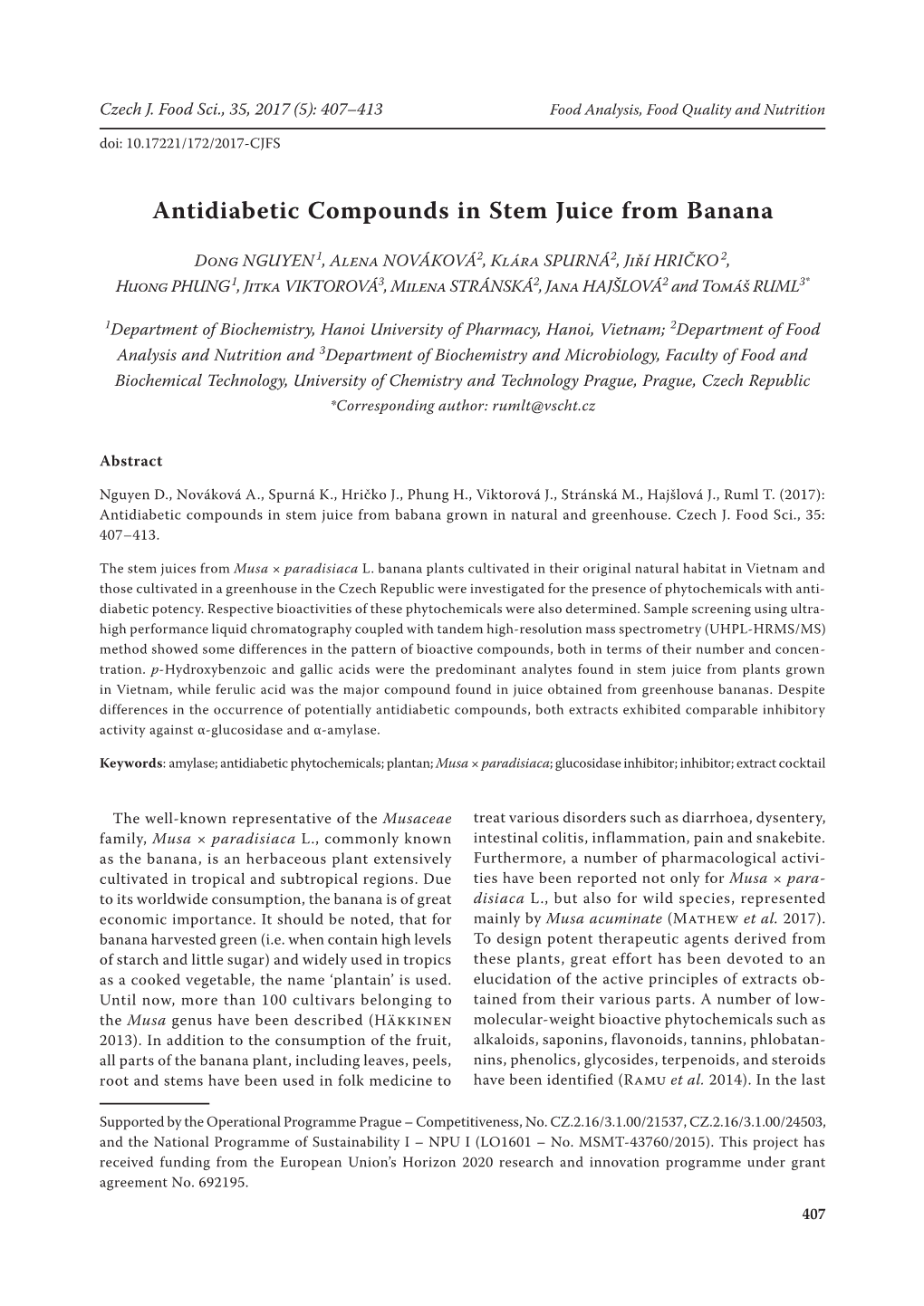 Antidiabetic Compounds in Stem Juice from Banana