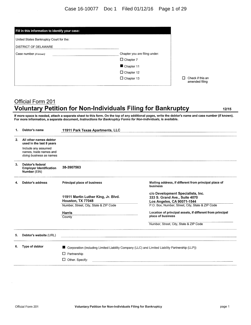 Case 16-10077 Doc 1 Filed 01/12/16 Page 1 of 29