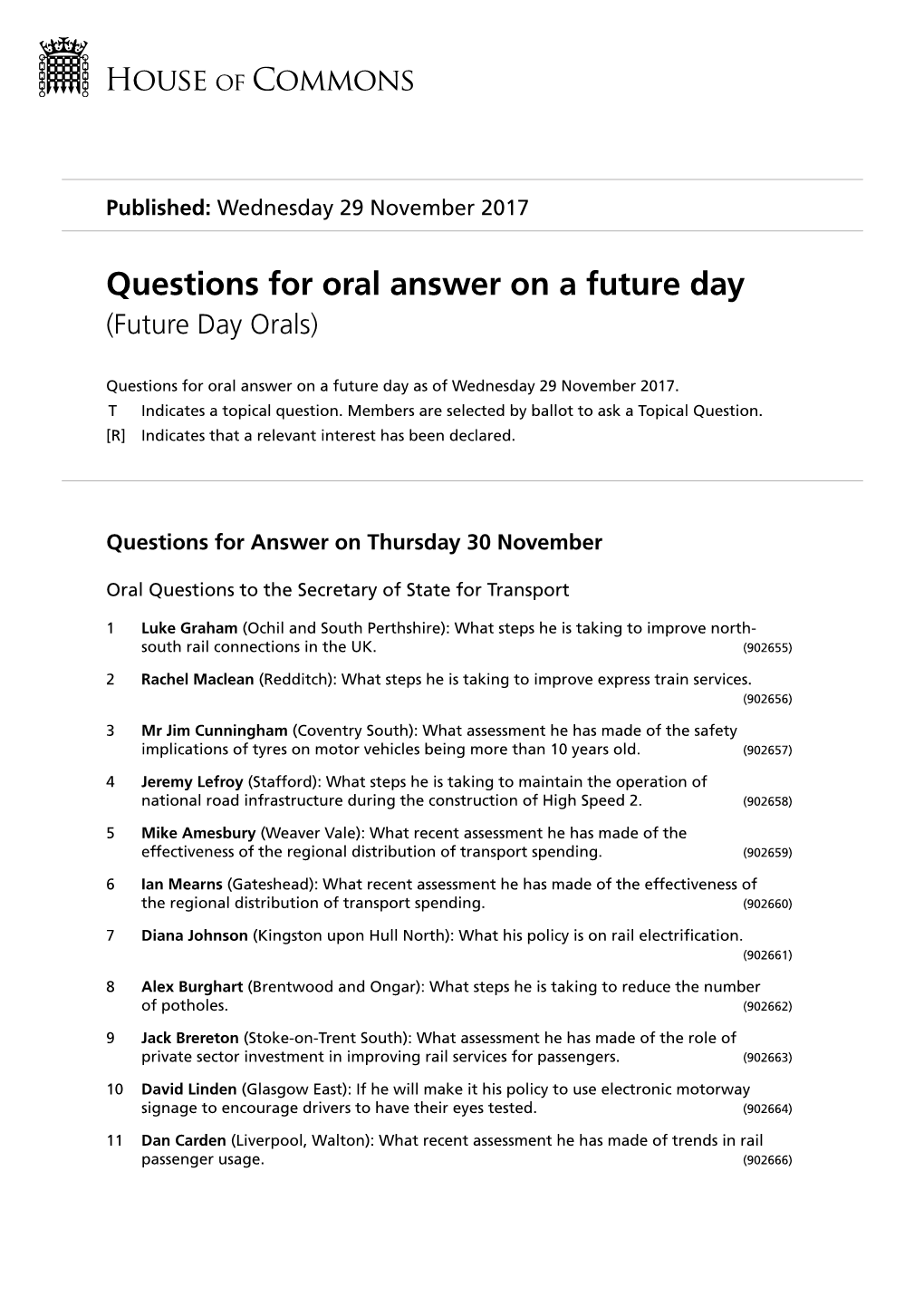 Questions for Oral Answer on a Future Day (Future Day Orals)