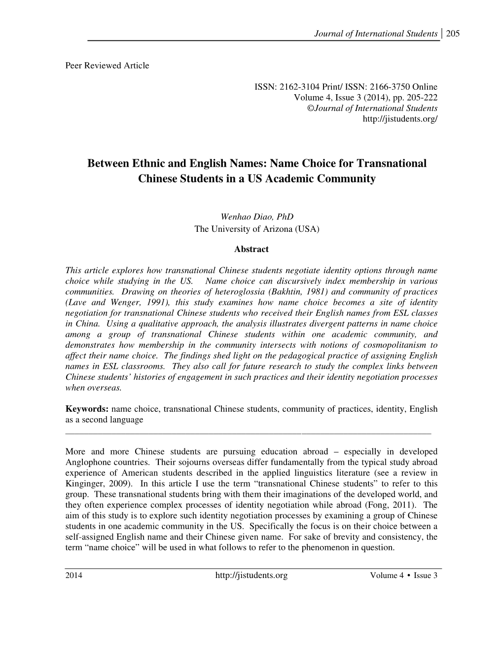 Between Ethnic and English Names: Name Choice for Transnational Chinese Students in a US Academic Community