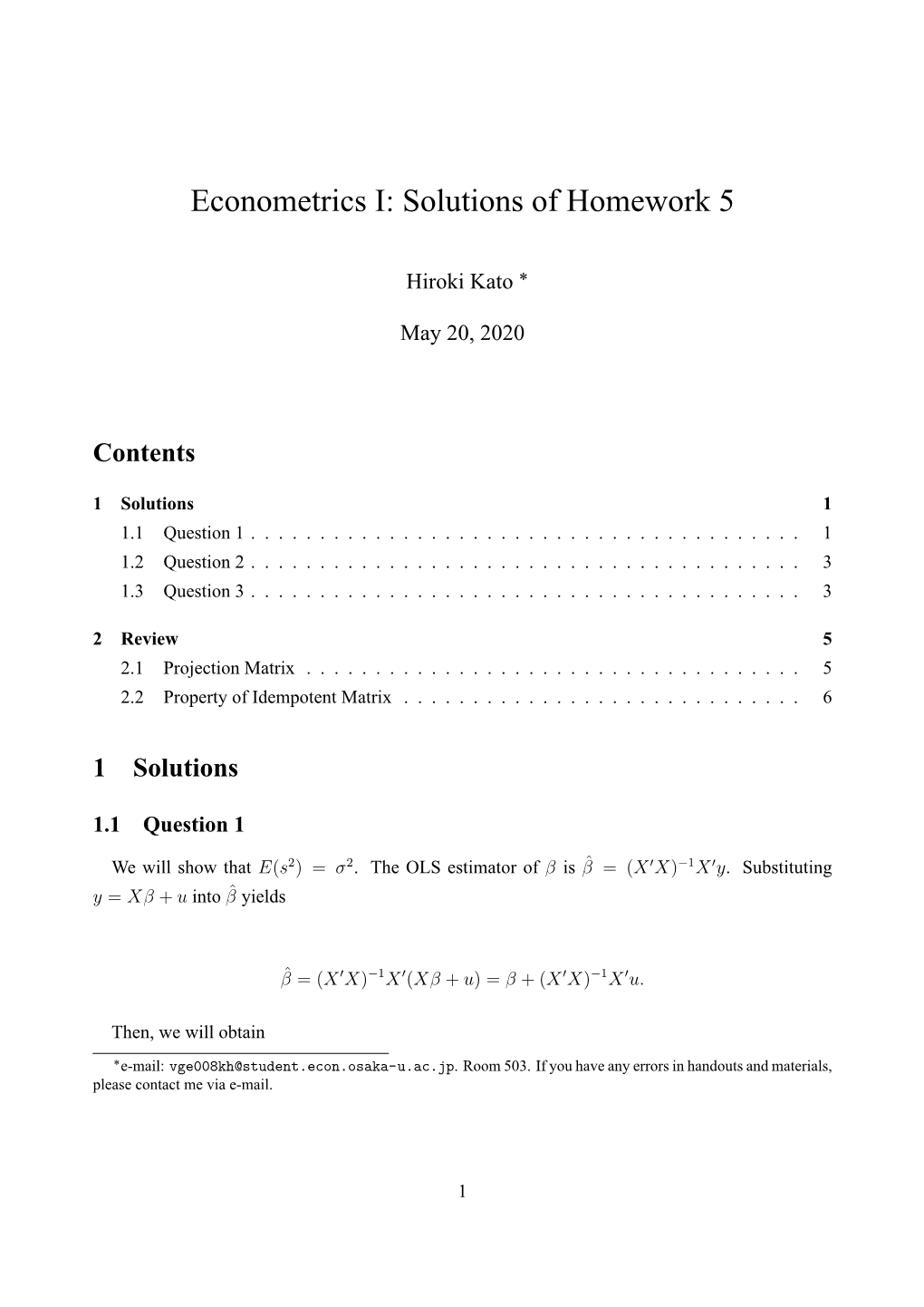 Econometrics I: Solutions of Homework 5