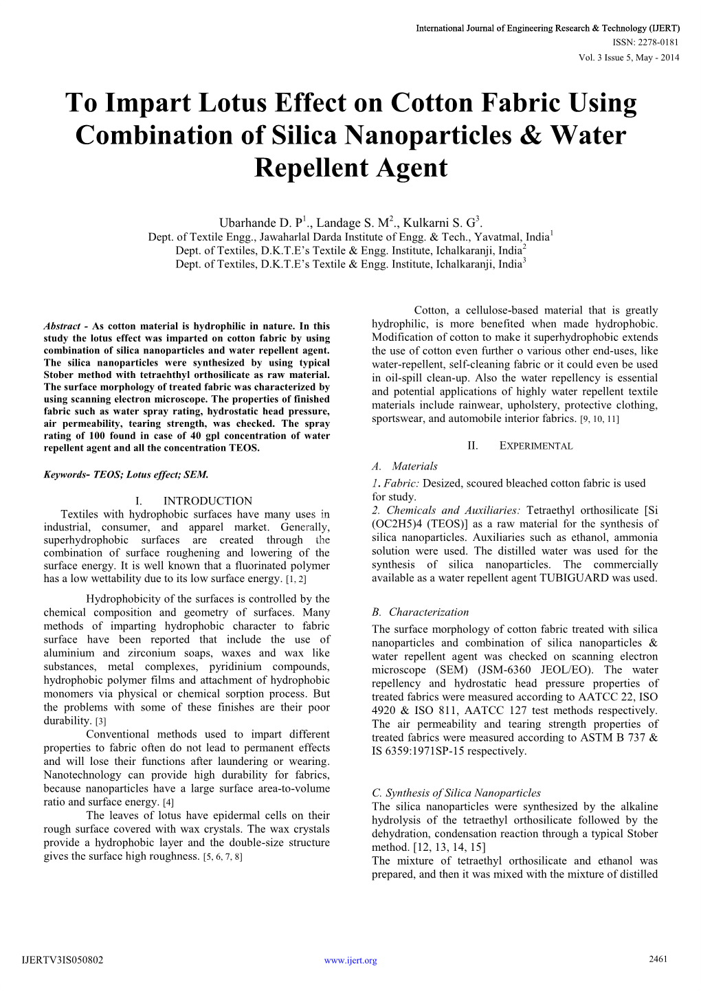 To Impart Lotus Effect on Cotton Fabric Using Combination of Silica Nanoparticles & Water Repellent Agent