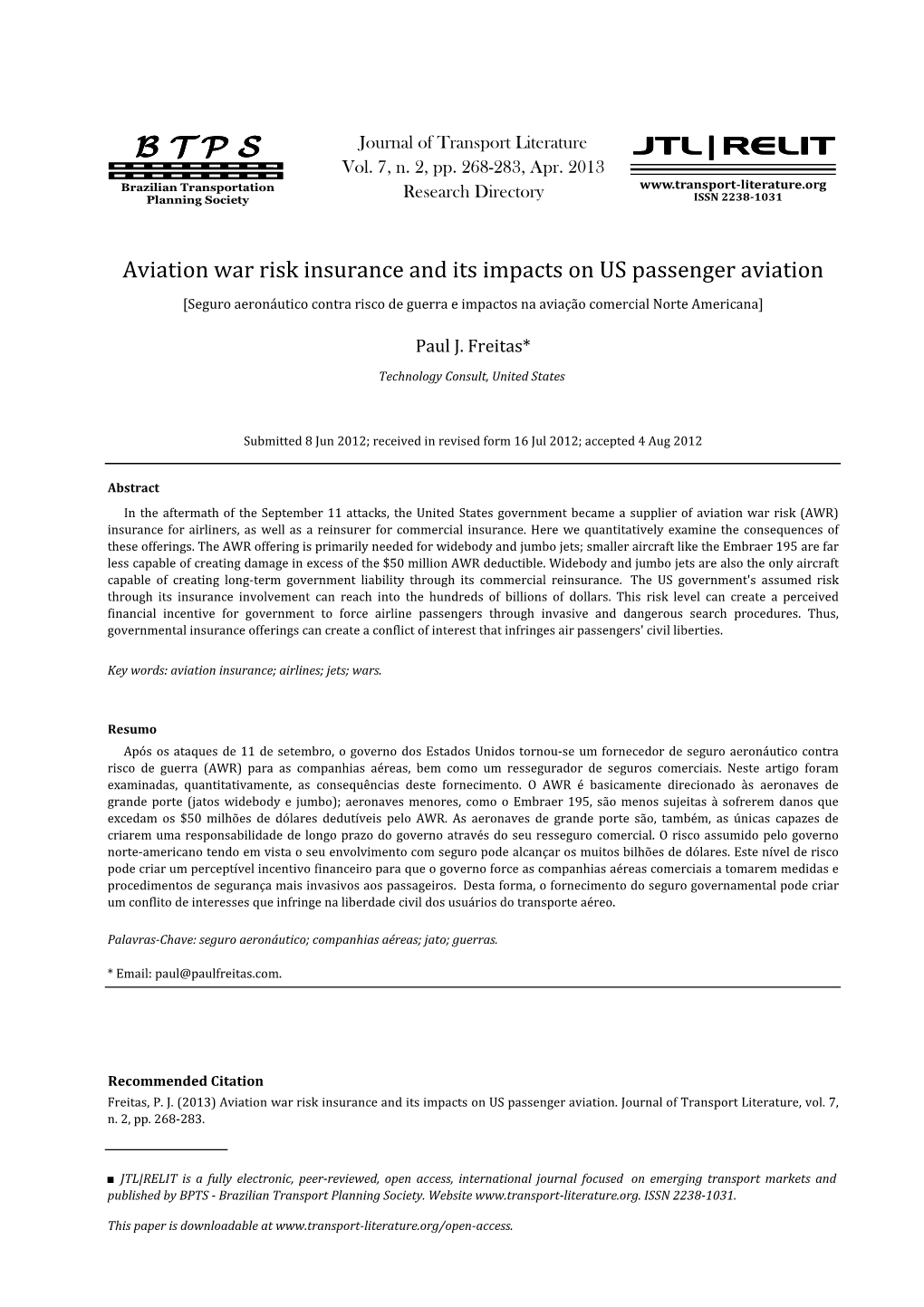 B T P S Journal of Transport Literature JTL|RELIT Vol