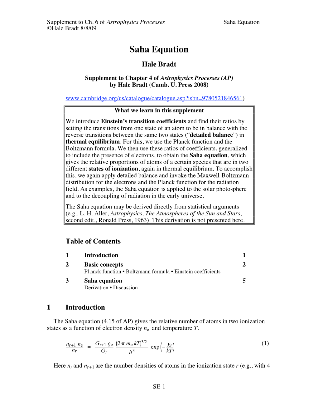 Saha Equation ©Hale Bradt 8/8/09