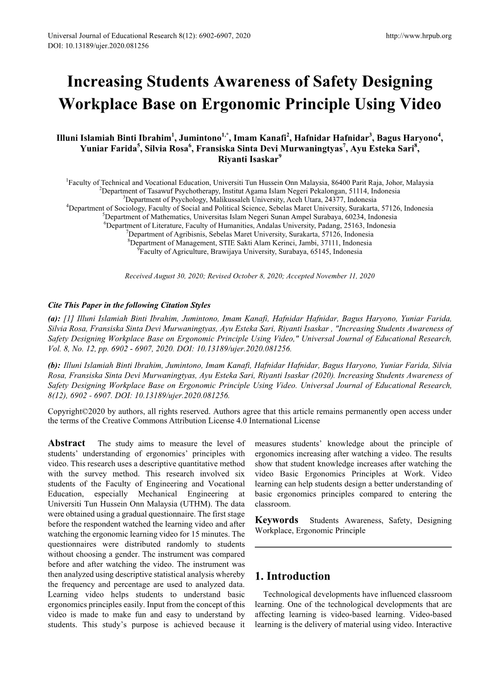 Increasing Students Awareness of Safety Designing Workplace Base on Ergonomic Principle Using Video