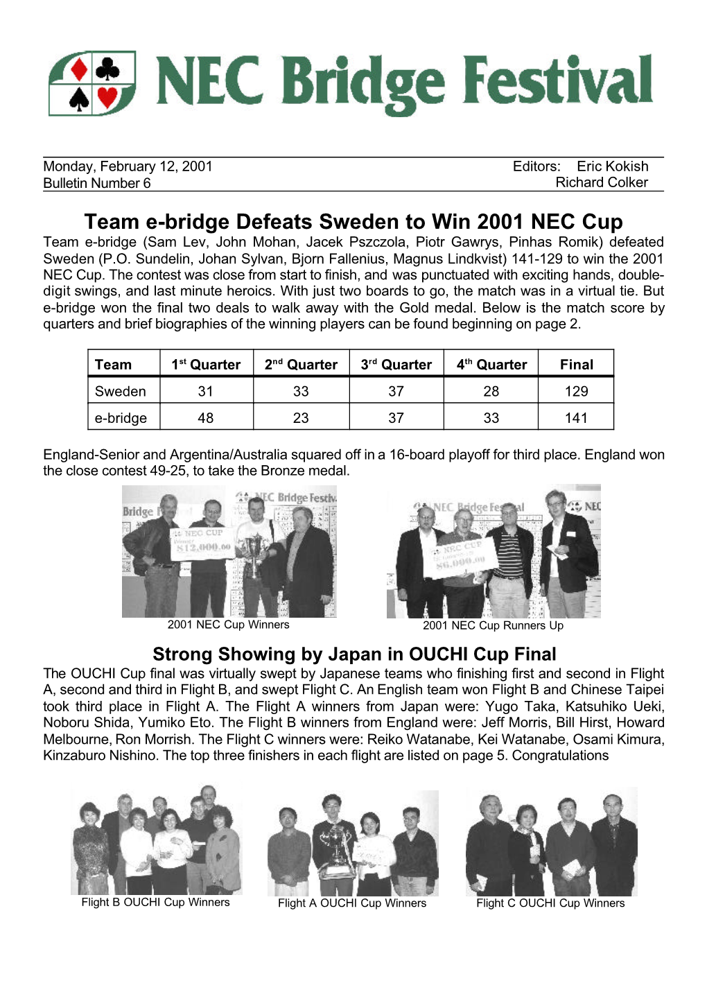 Team E-Bridge Defeats Sweden to Win 2001 NEC Cup Team E-Bridge (Sam Lev, John Mohan, Jacek Pszczola, Piotr Gawrys, Pinhas Romik) Defeated Sweden (P.O