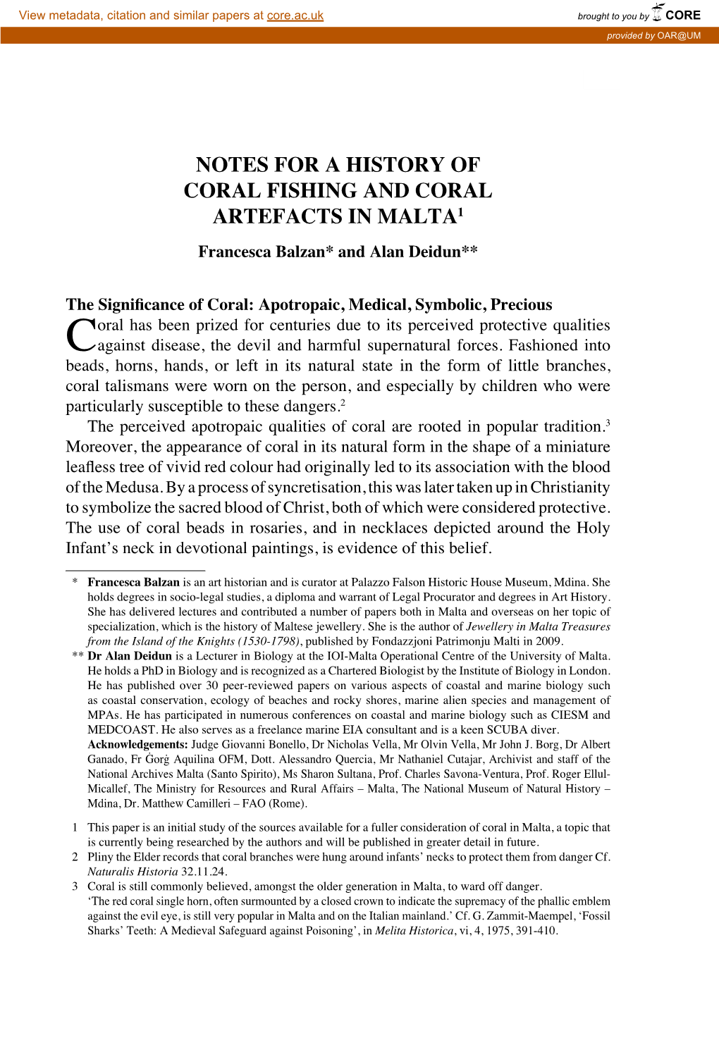 NOTES for a HISTORY of CORAL FISHING and CORAL ARTEFACTS in MALTA1 Francesca Balzan* and Alan Deidun**