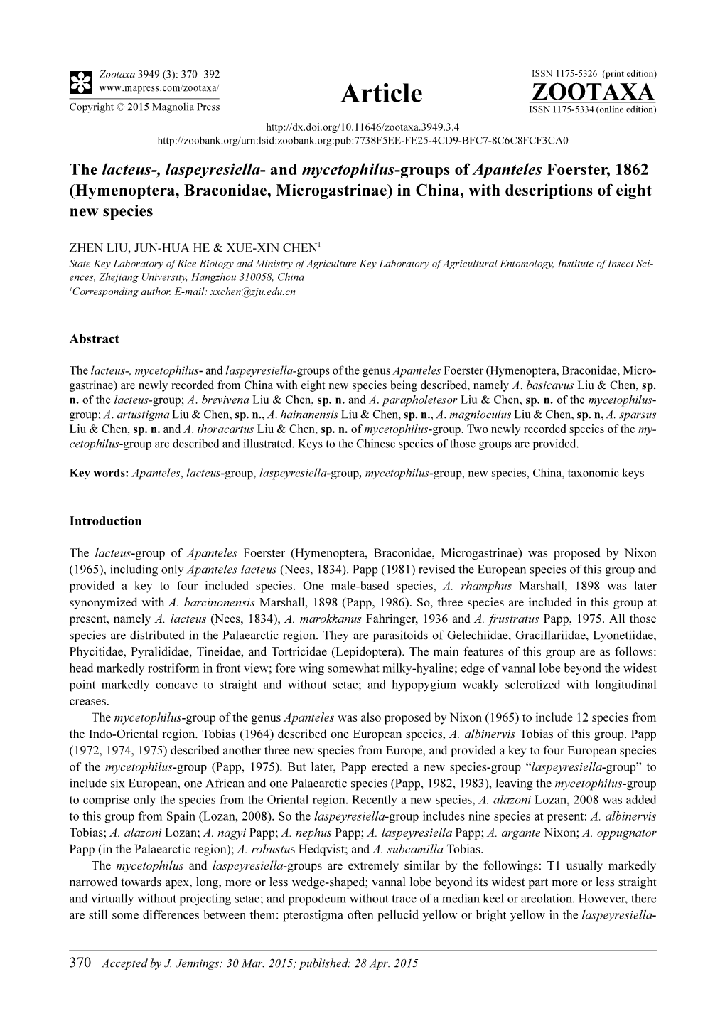 And Mycetophilus-Groups of Apanteles Foerster, 1862 (Hymenoptera, Braconidae, Microgastrinae) in China, with Descriptions of Eight New Species