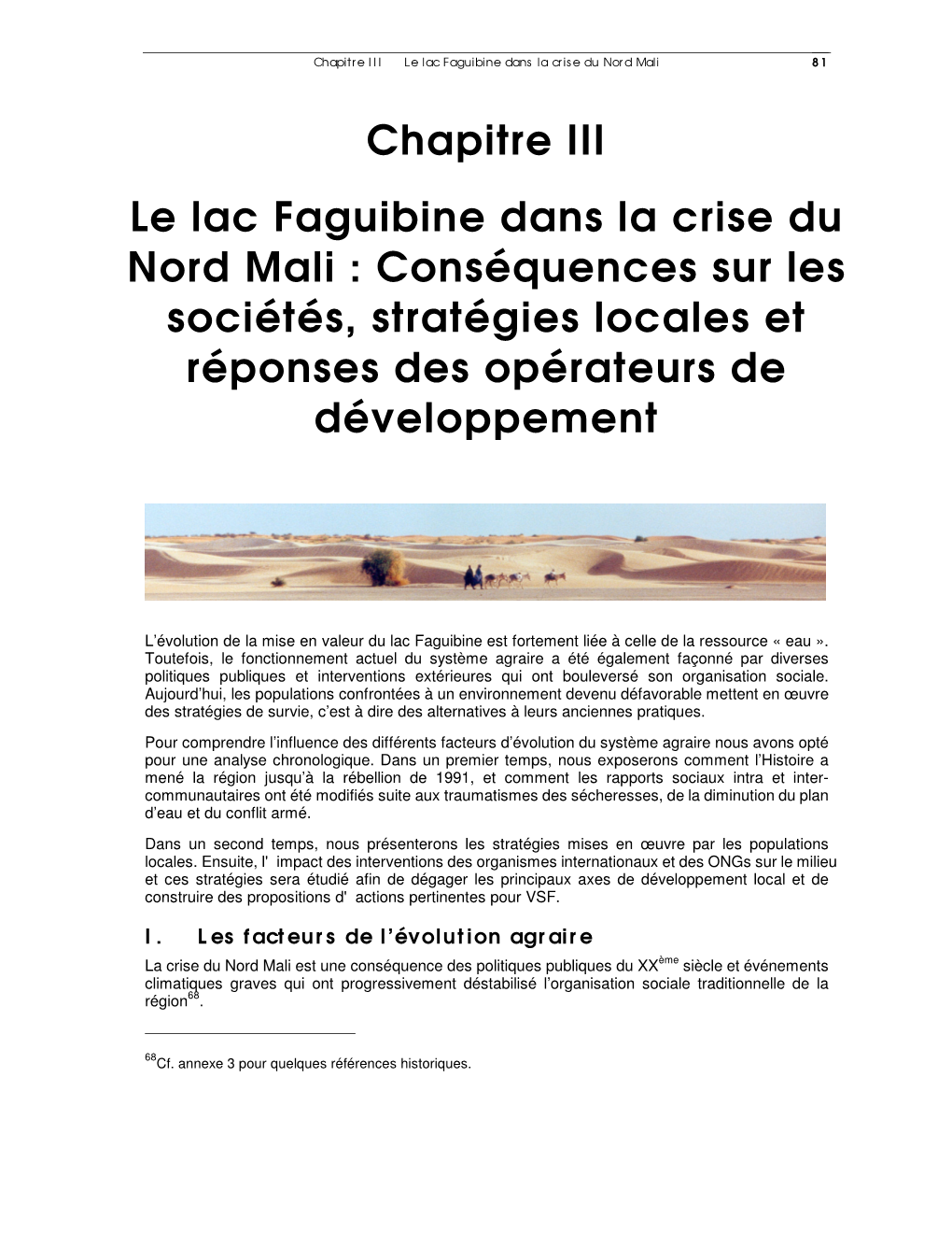 Chapitre III Le Lac Faguibine Dans La Crise Du Nord Mali : Conséquences Sur Les Sociétés, Stratégies Locales Et Réponses Des Opérateurs De Développement