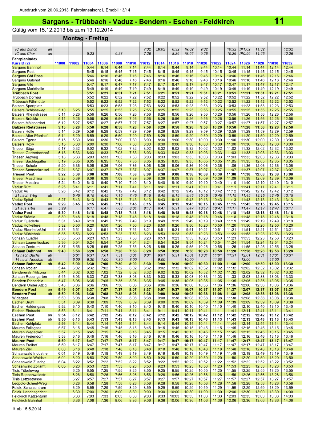 Vaduz - Bendern - Eschen - Feldkirch 11 Gültig Vom 15.12.2013 Bis Zum 13.12.2014 Montag - Freitag