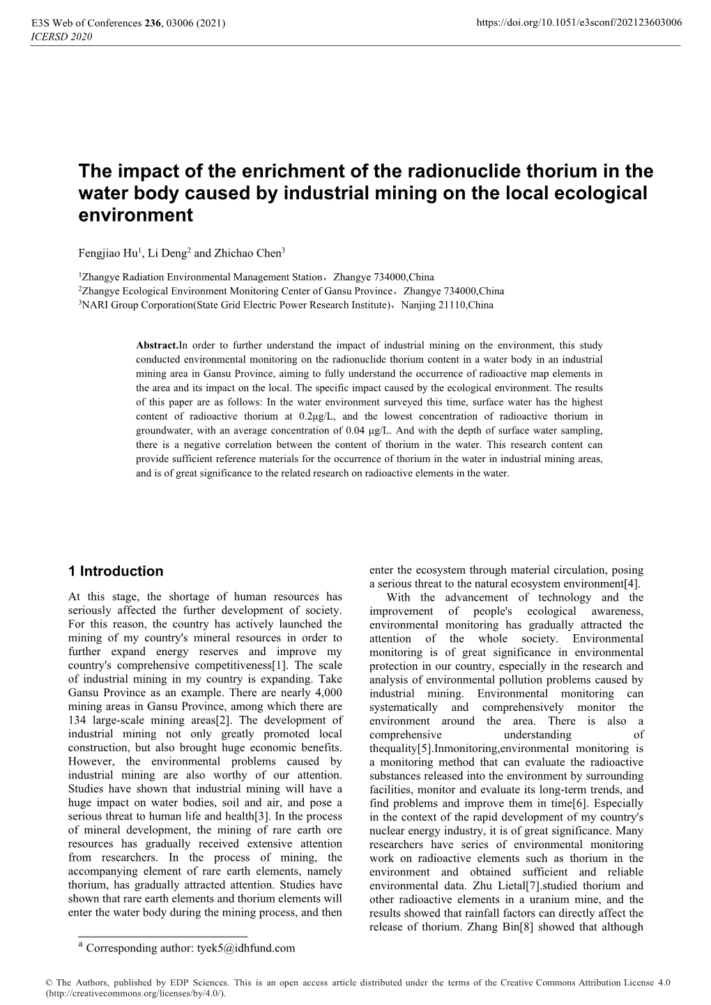 The Impact of the Enrichment of the Radionuclide Thorium in the Water Body Caused by Industrial Mining on the Local Ecological Environment