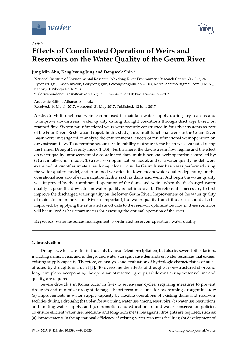 Effects of Coordinated Operation of Weirs and Reservoirs on the Water Quality of the Geum River