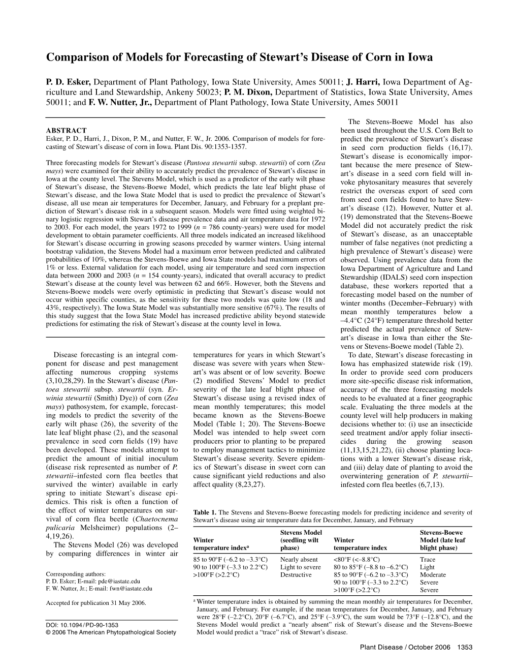 Comparison of Models for Forecasting of Stewart's Disease of Corn in Iowa