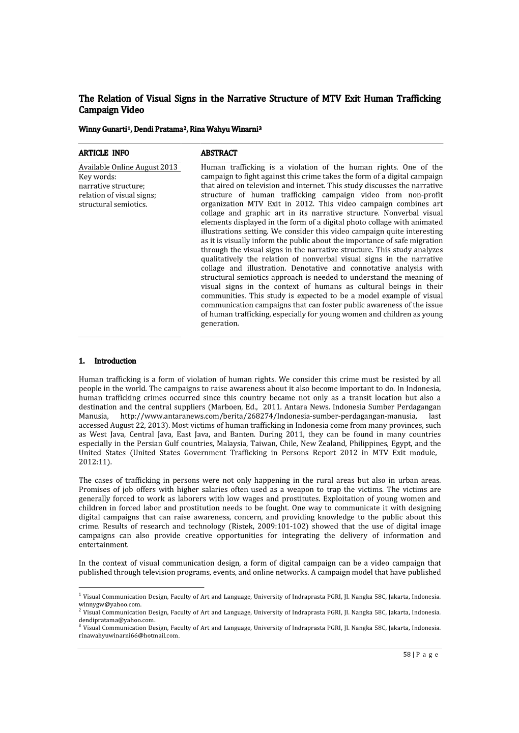 The Relation of Visual Signs in the Narrative Structure of MTV Exit Human Trafficking Campaign Video