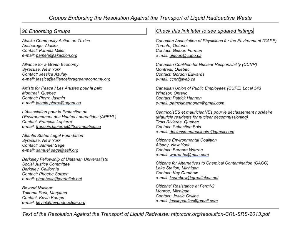 Groups Endorsing the Resolution Against the Transport of Liquid Radioactive Waste